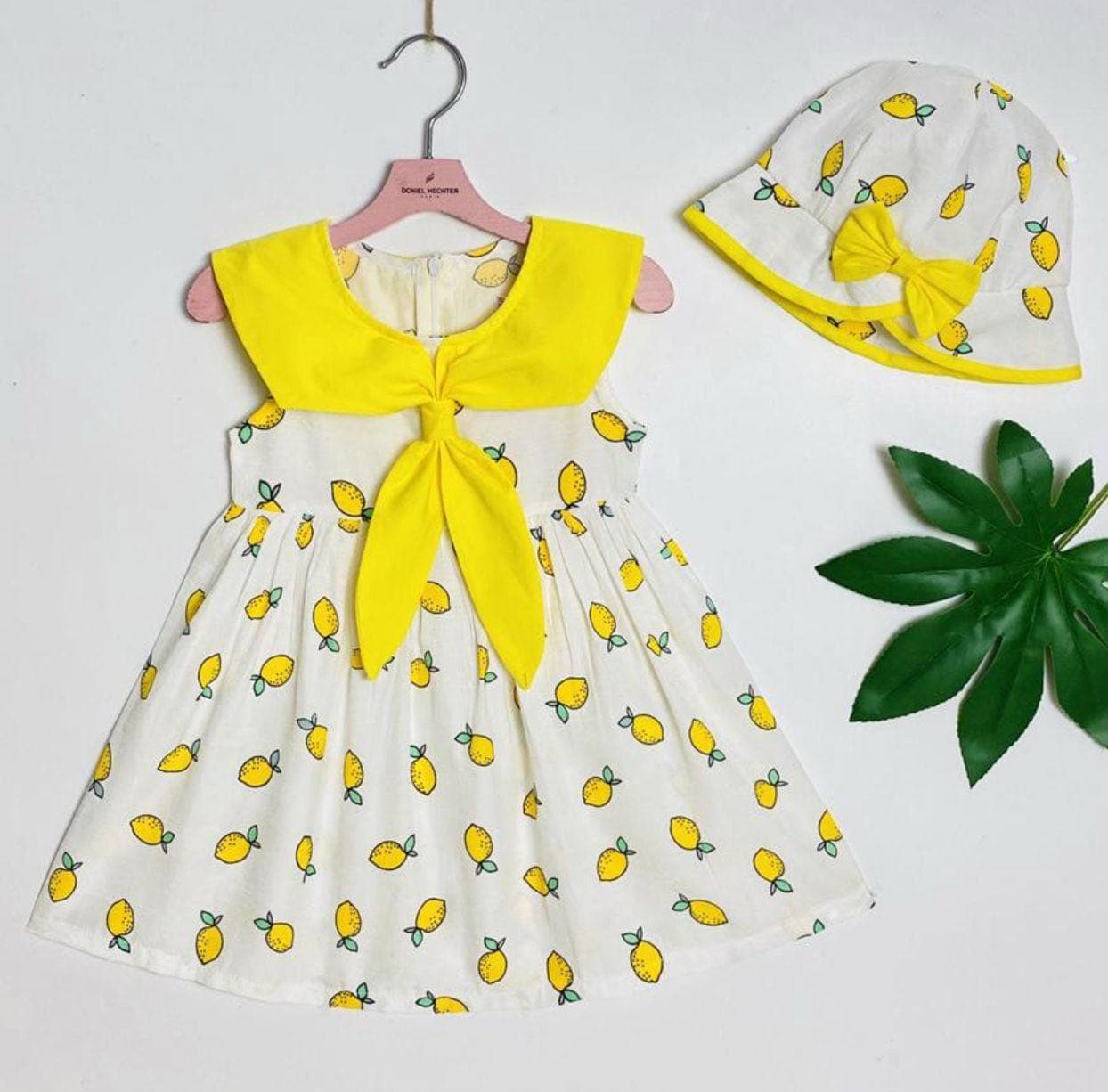 Lemon-Colored Girls’ Dress with Bow Collar & Matching Hat
