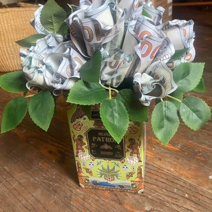 Unique Handmade Fake $100 Bill Origami Rose Bouquet in Collectible Patron Tin Base